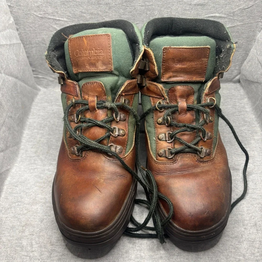 Columbia Trail Meister Tobacco Brown Green Leather Canvas Hiking Boots Mens 11.5